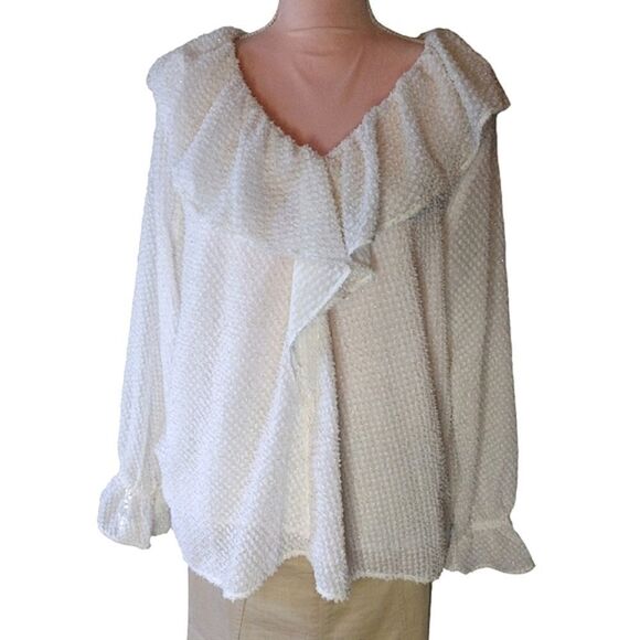 LOFT Ivory Gold Long Sleeve Metallic Swiss Dot Juliet Blouse Size XL - Picture 6 of 16